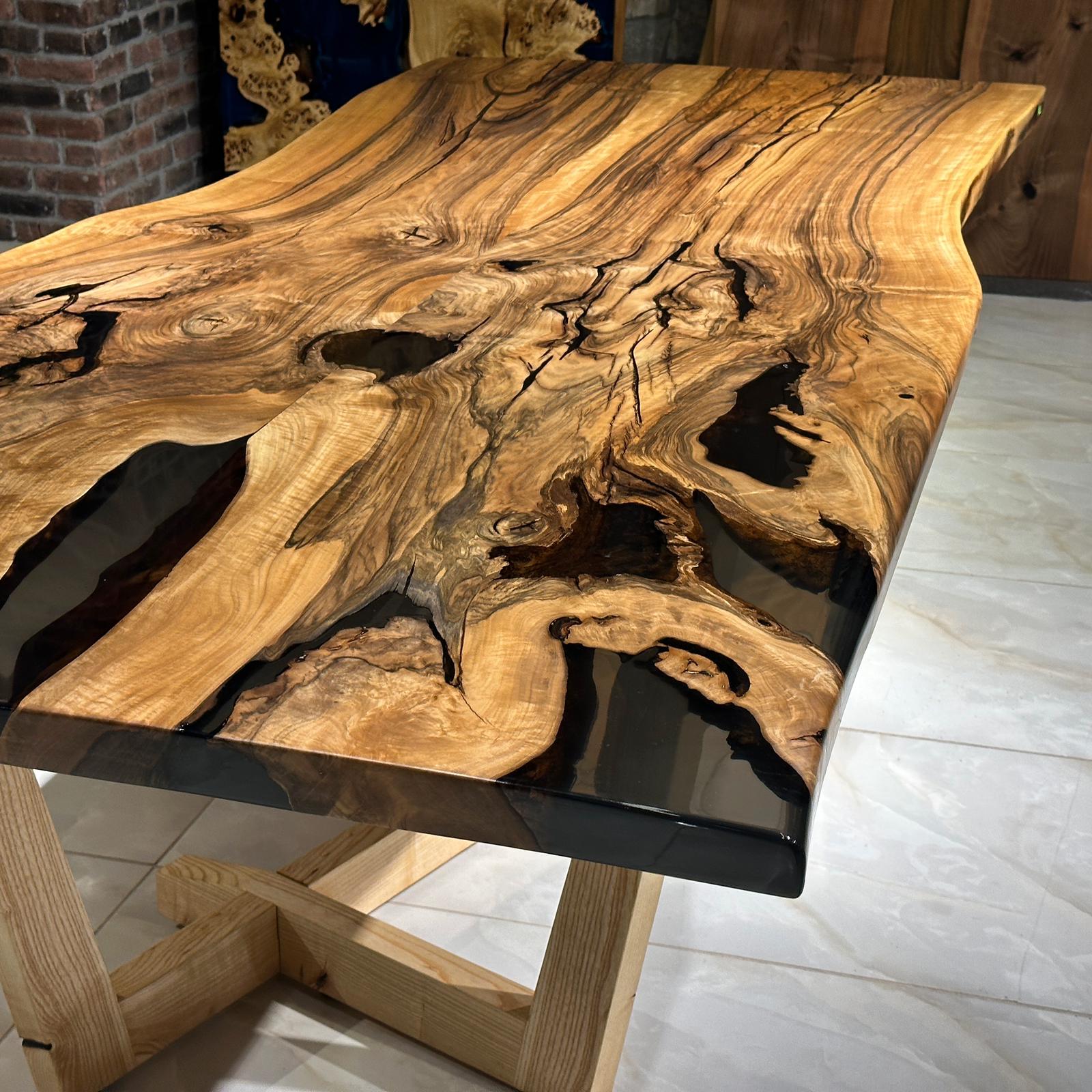 Black Epoxy Resin & Walnut Wood Slab Table