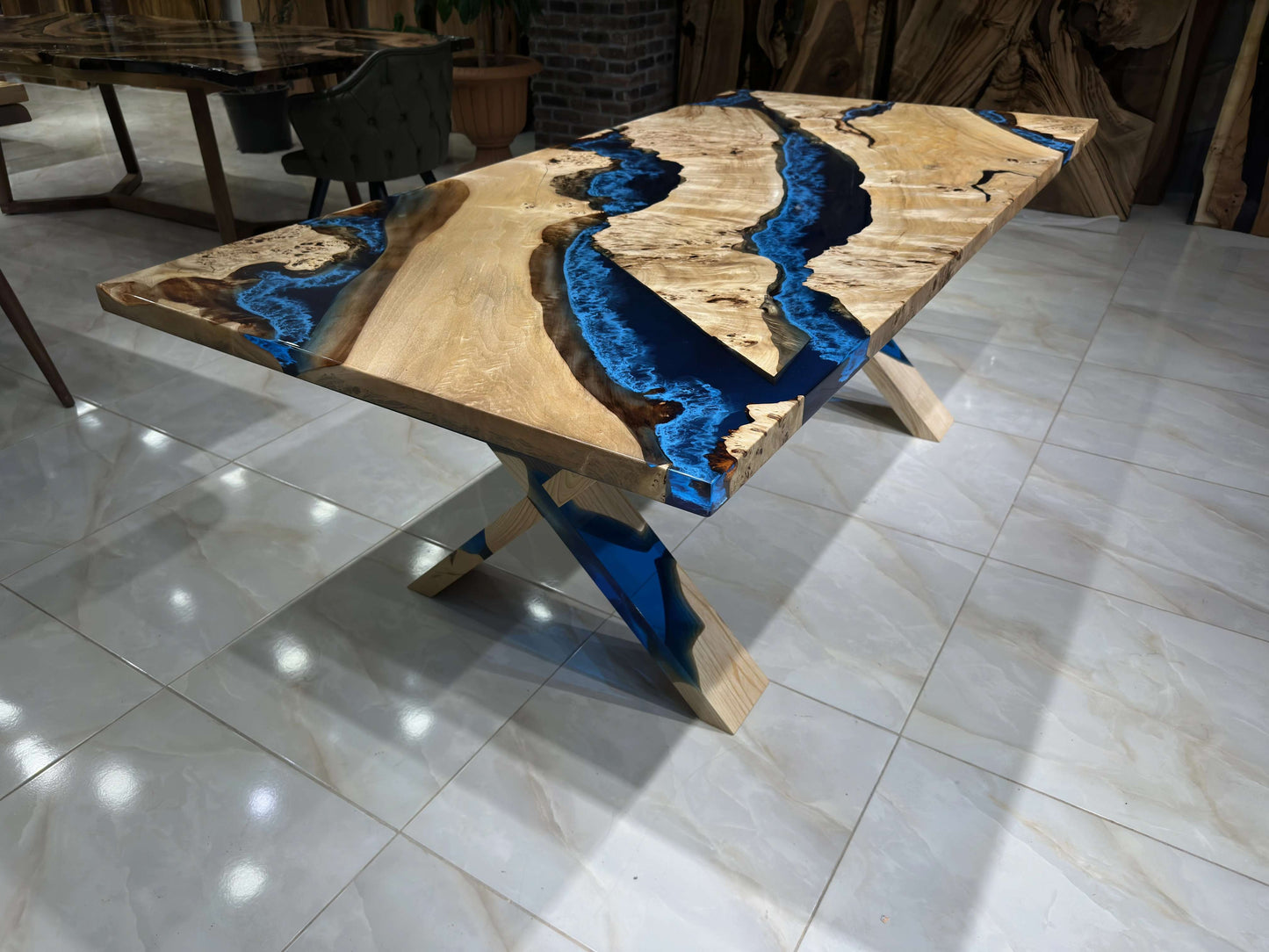 Anatolian Poplar Wood Blue Epoxy Dining Table with Blackjack Base