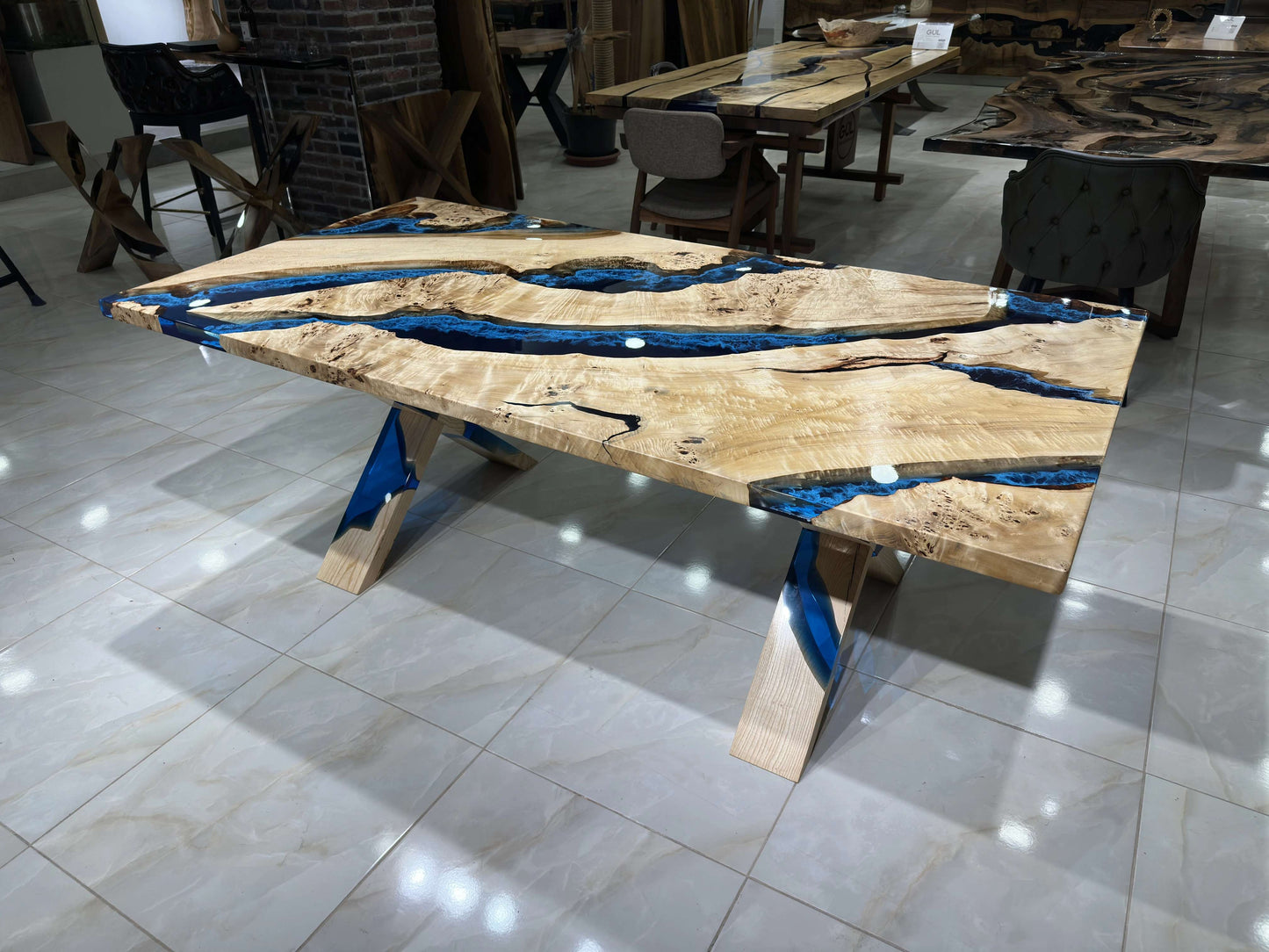 Anatolian Poplar Wood Blue Epoxy Dining Table with Blackjack Base