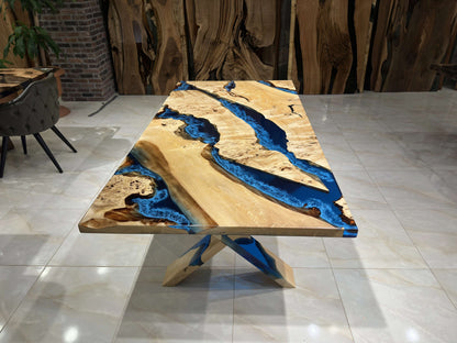 Anatolian Poplar Wood Blue Epoxy Dining Table