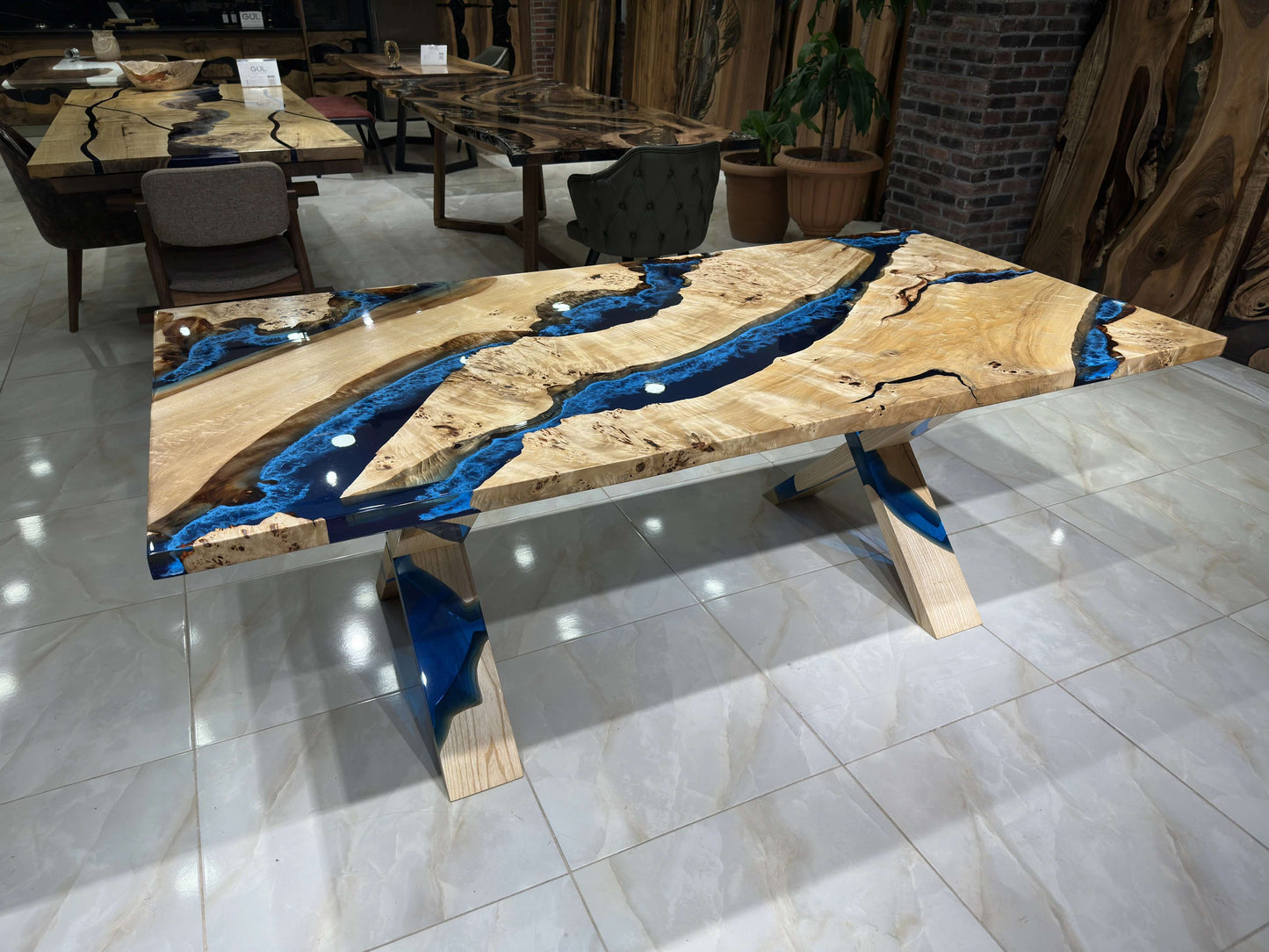 Anatolian Poplar Wood Blue Epoxy Dining Table with Blackjack Base