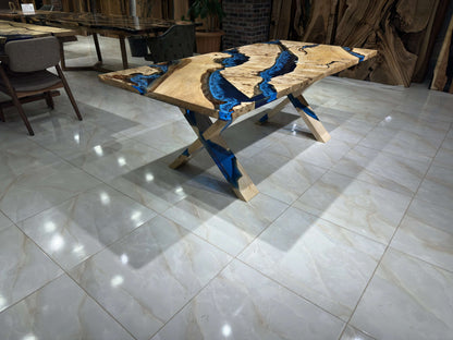 Anatolian Poplar Wood Blue Epoxy Dining Table Gul Natural