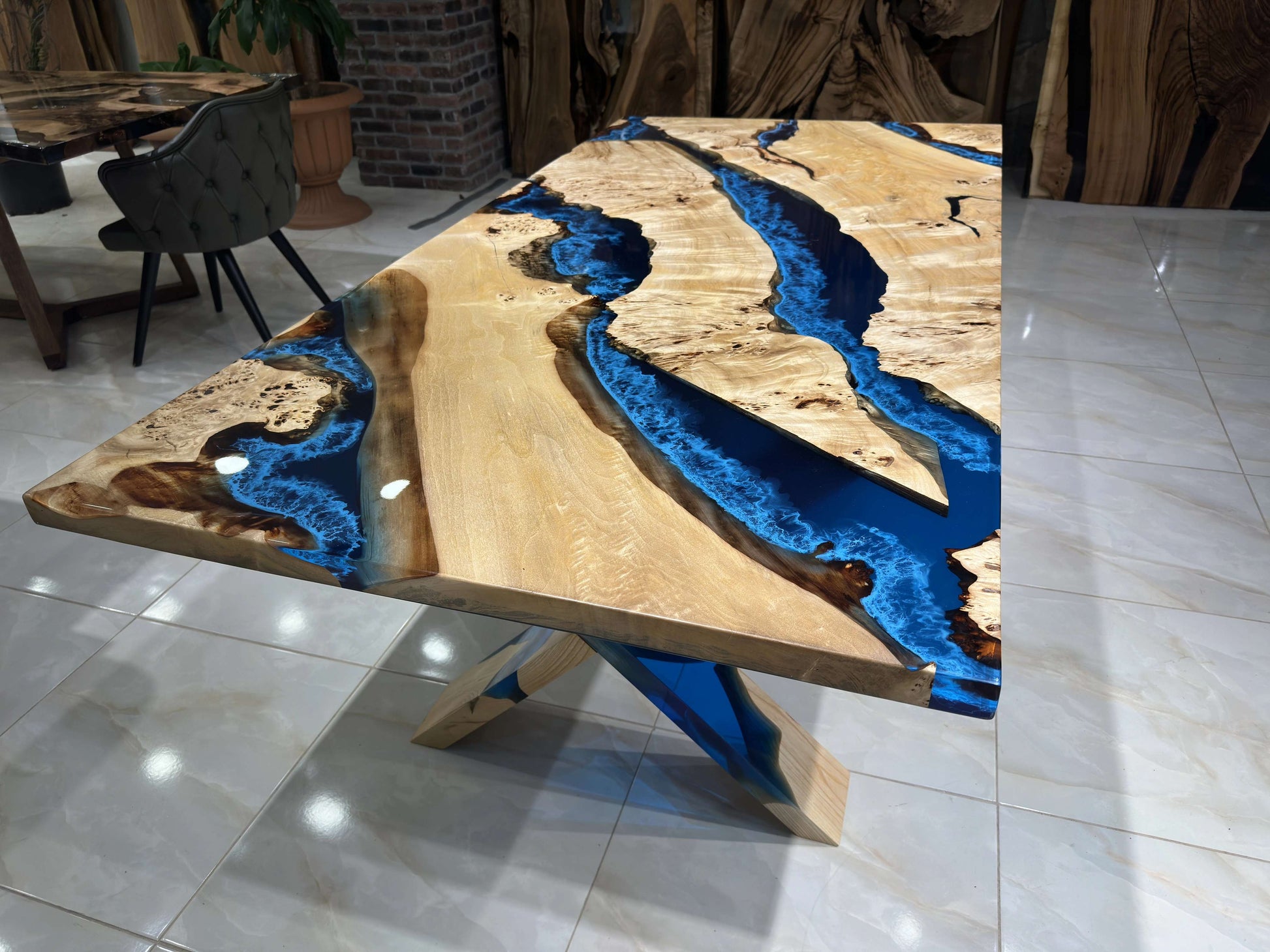 Anatolian Poplar Wood Blue Epoxy Dining Table