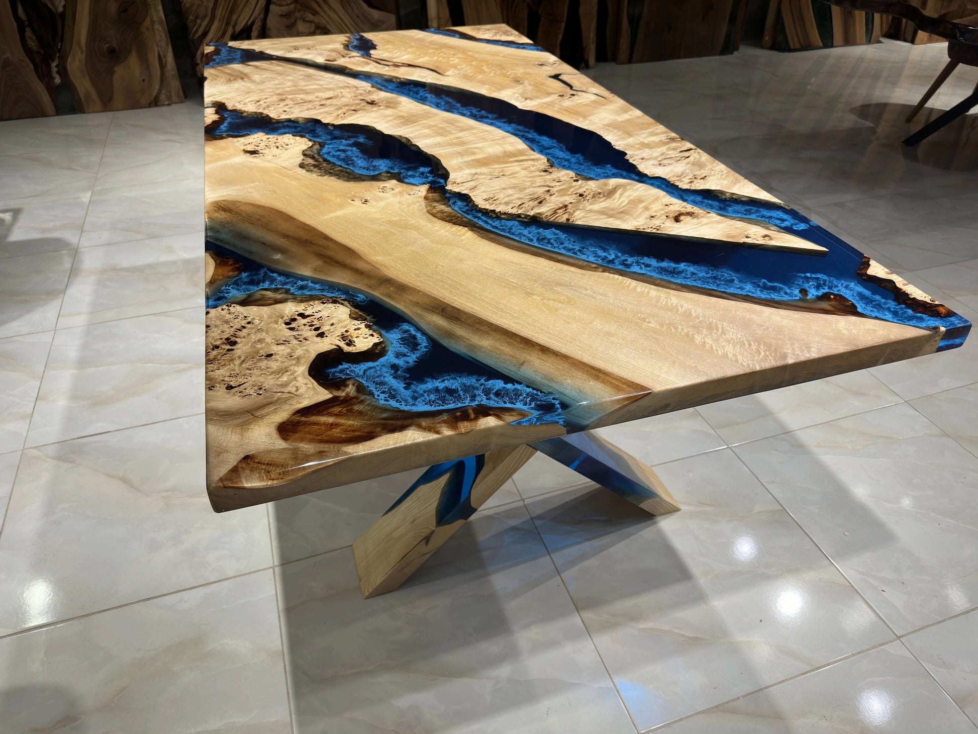 Anatolian Poplar Wood Blue Epoxy Dining Table Gul Natural