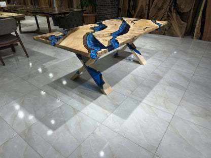 Anatolian Poplar Wood Blue Epoxy Dining Table Gul Natural