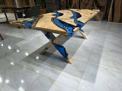 Anatolian Poplar Wood Blue Epoxy Dining Table Gul Natural