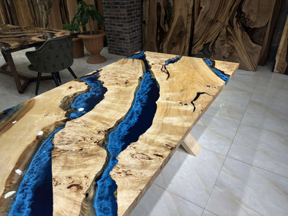 Anatolian Poplar Wood Blue Epoxy Dining Table with Blackjack Base