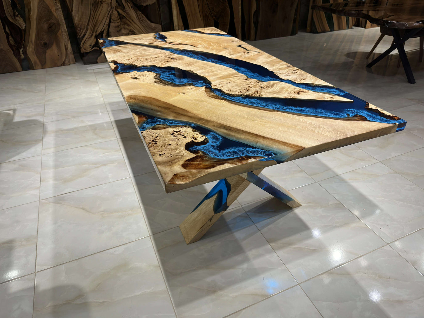 Anatolian Poplar Wood Blue Epoxy Dining Table with Blackjack Base