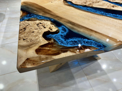 Anatolian Poplar Wood Blue Epoxy Dining Table