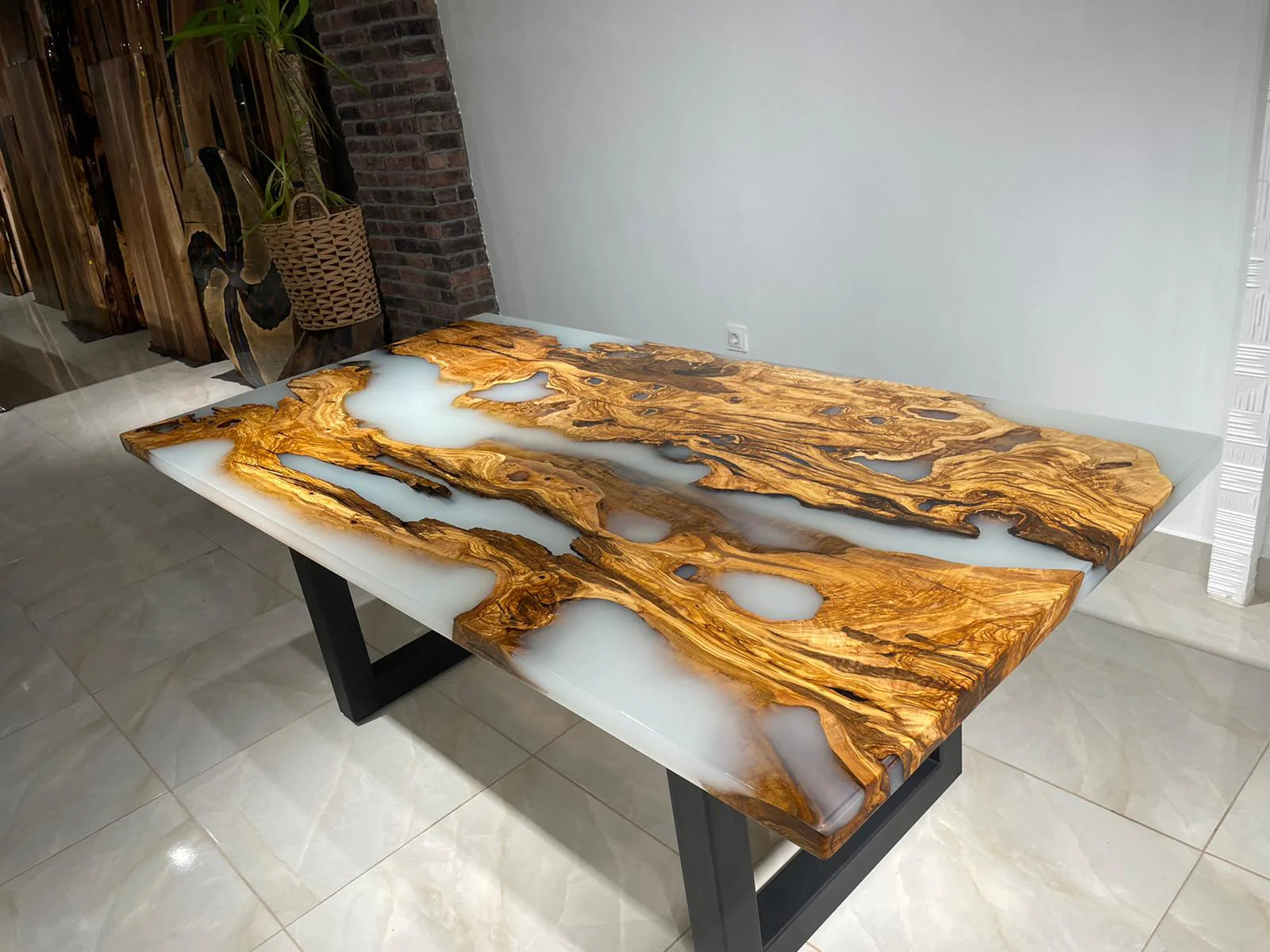 Ancient Olive Epoxy Resin Live Edge Dining Table