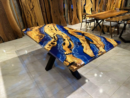 Custom Blue Epoxy Resin Olive Wood Dining Table Gul Natural