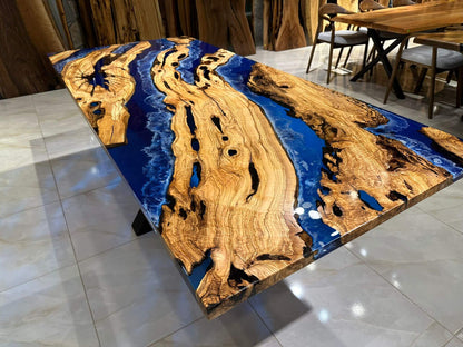 Custom Blue Epoxy Resin Olive Wood Dining Table