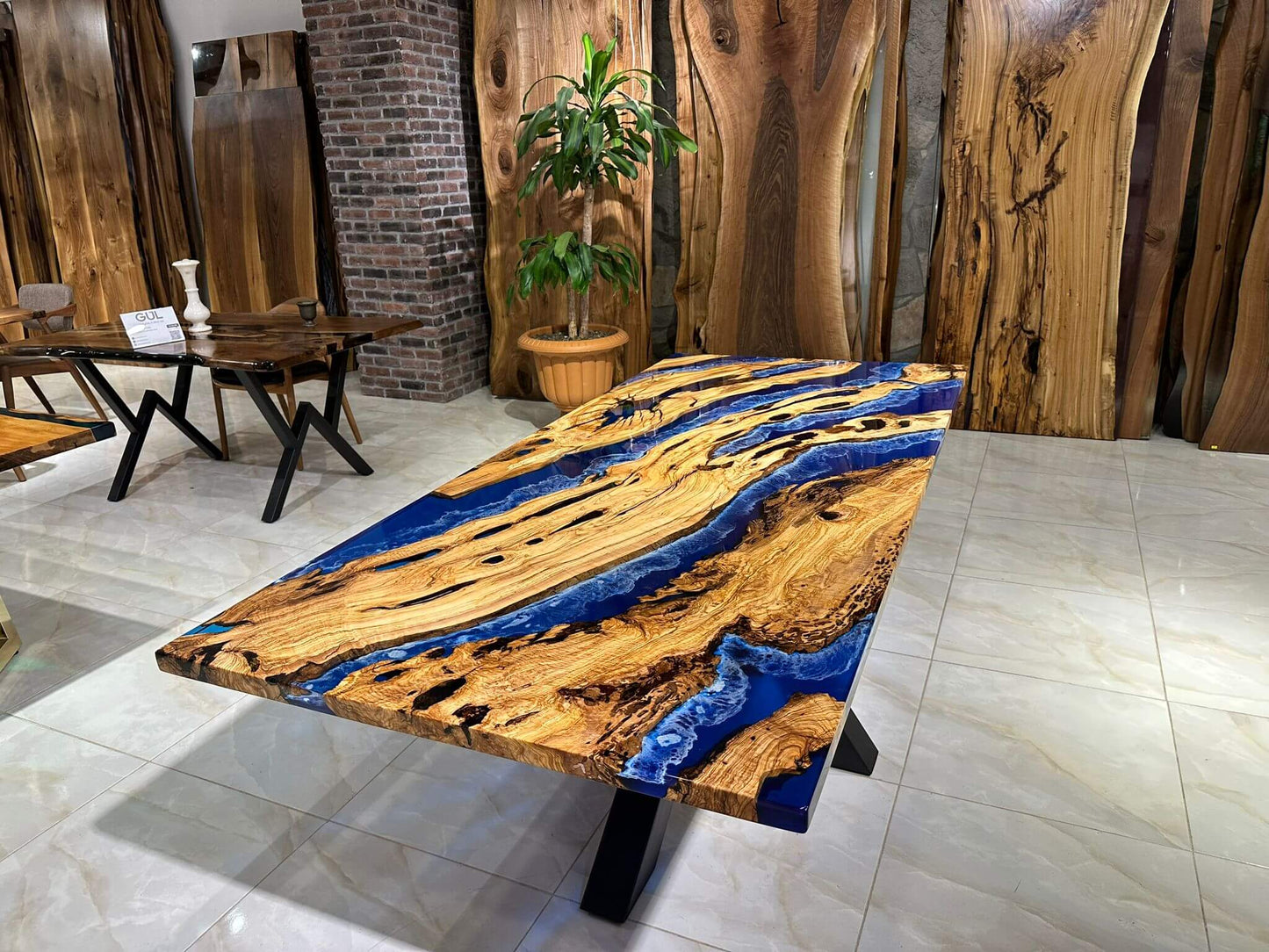 Custom Blue Epoxy Resin Olive Wood Dining Table