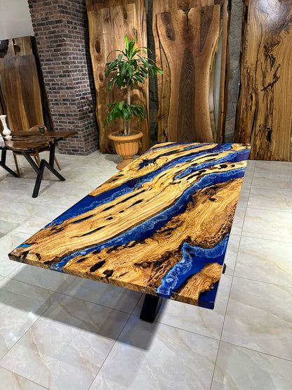 Custom Blue Epoxy Resin Olive Wood Dining Table