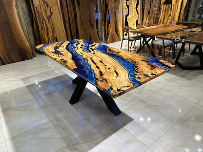 Custom Blue Epoxy Resin Olive Wood Dining Table