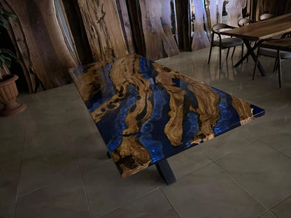 Custom Blue Epoxy Resin Olive Wood Dining Table Gul Natural