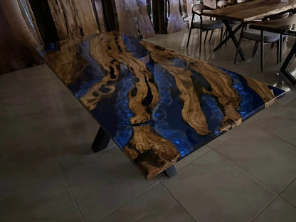 Custom Blue Epoxy Resin Olive Wood Dining Table Gul Natural