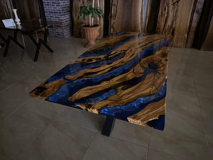 Custom Blue Epoxy Resin Olive Wood Dining Table Gul Natural