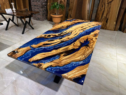 Custom Blue Epoxy Resin Olive Wood Dining Table