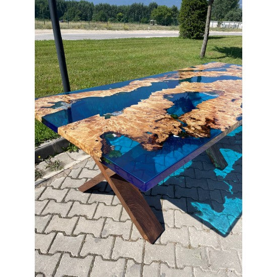 Handmade Poplar Wood Blue Epoxy Resin Table