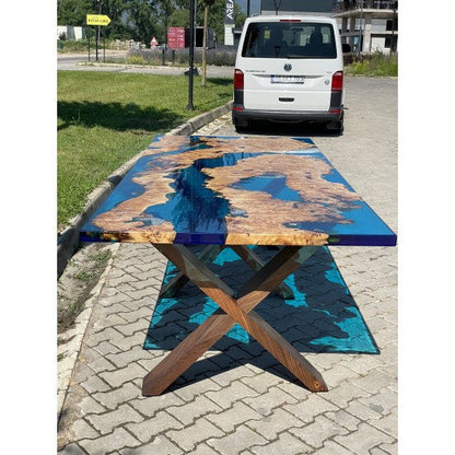 Handmade Poplar Wood Blue Epoxy Resin Table