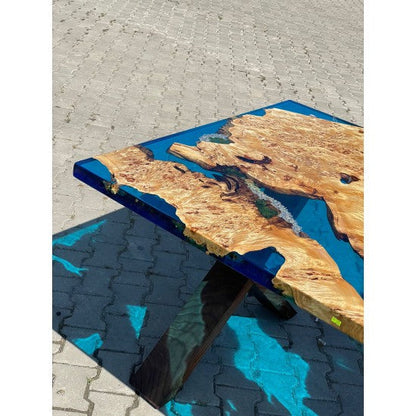 Handmade Poplar Wood Blue Epoxy Resin Table