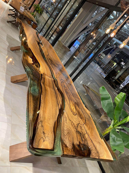 Single Piece 800 Years Old Walnut Wood Epoxy Resin Table