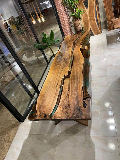 Single Piece 800 Years Old Walnut Wood Epoxy Resin Table