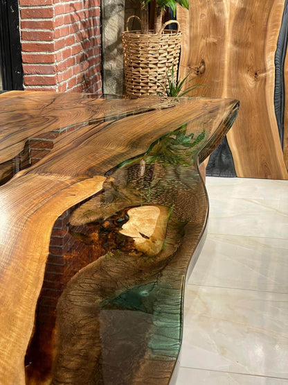 Single Piece 800 Years Old Walnut Wood Epoxy Resin Table