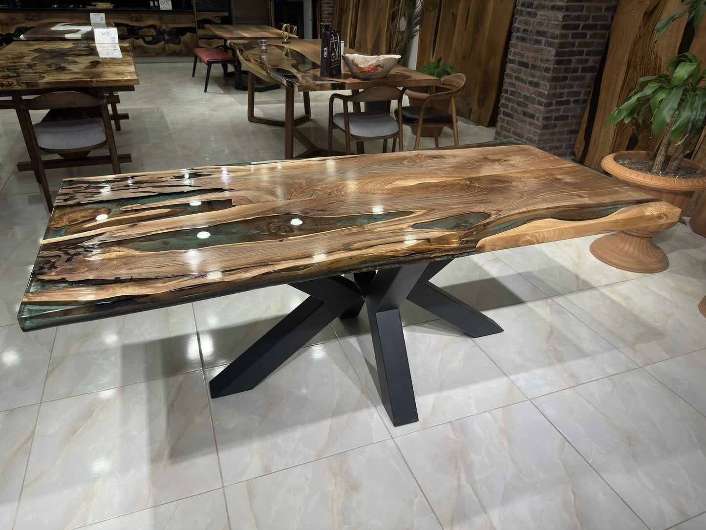 Green-Brown Epoxy Special Live Edge Dining Table