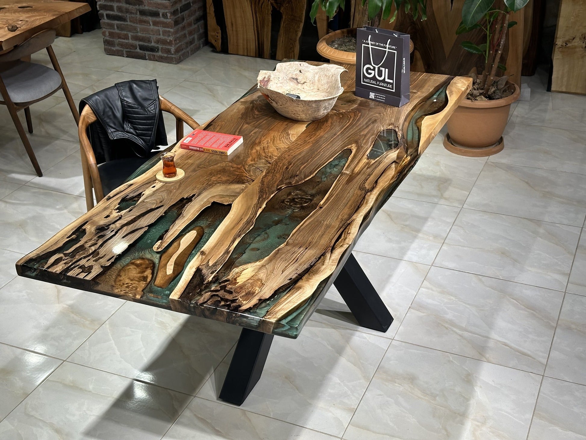 Green-Brown Epoxy Special Live Edge Dining Table
