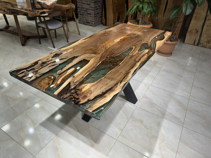 Green-Brown Epoxy Special Live Edge Dining Table