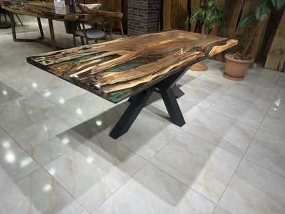 Green-Brown Epoxy Special Live Edge Dining Table