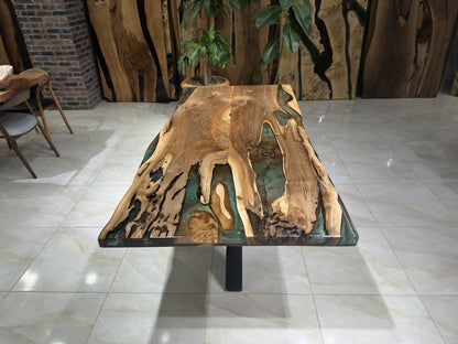 Green-Brown Epoxy Special Live Edge Dining Table