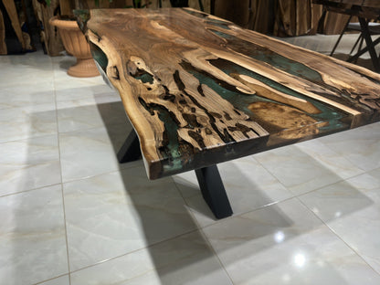 Green-Brown Epoxy Special Live Edge Dining Table