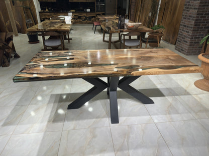 Green-Brown Epoxy Special Live Edge Dining Table