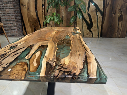 Green-Brown Epoxy Special Live Edge Dining Table