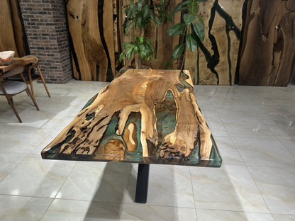 Green-Brown Epoxy Special Live Edge Dining Table