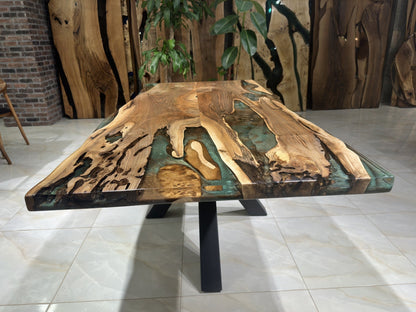 Green-Brown Epoxy Special Live Edge Dining Table