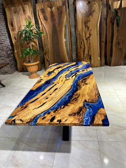 Custom Blue Epoxy Resin Olive Wood Dining Table