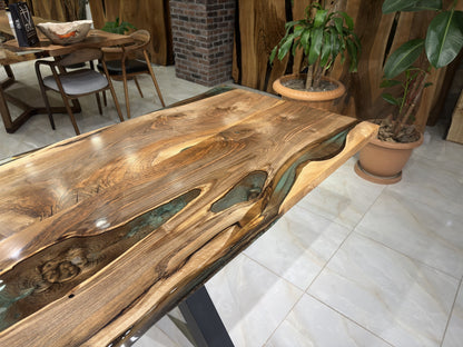 Green-Brown Epoxy Special Live Edge Dining Table