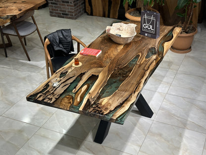 Green-Brown Epoxy Special Live Edge Dining Table