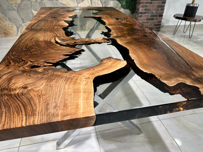 Live Edge Epoxy Waterfall Dark Walnut Dining Table