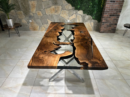 Live Edge Epoxy Waterfall Dark Walnut Dining Table