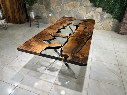 Live Edge Epoxy Waterfall Dark Walnut Dining Table