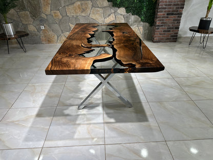 Live Edge Epoxy Waterfall Dark Walnut Dining Table