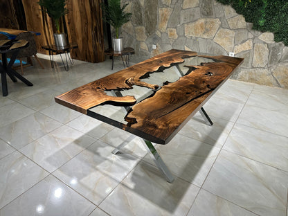 Live Edge Epoxy Waterfall Dark Walnut Dining Table