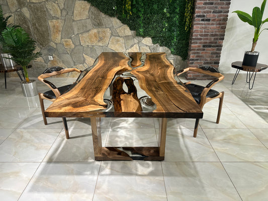 Patterned Transparent Epoxy Resin Walnut Dining Table