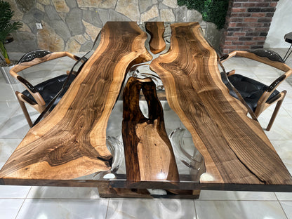 Patterned Transparent Epoxy Resin Walnut Dining Table