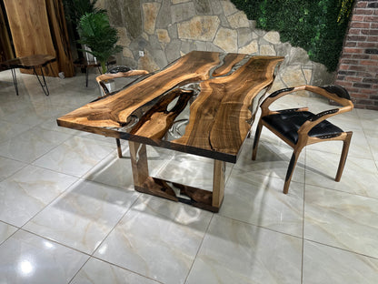 Patterned Transparent Epoxy Resin Walnut Dining Table